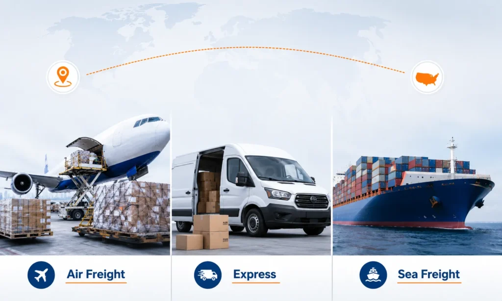 Air freight vs express shipping vs sea freight from China to USA comparison showing cargo aircraft, courier van, container ship and shipping method selection