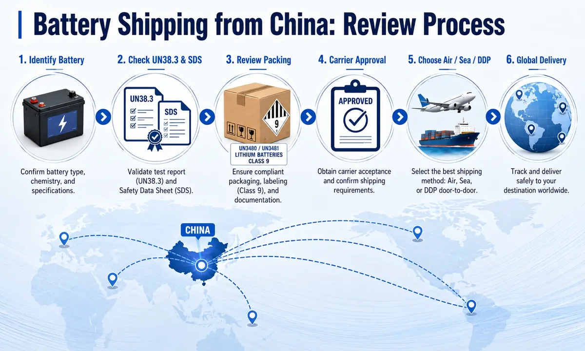 Battery shipping from China review process covering battery identification, UN38.3 documents, packing, carrier acceptance, international freight and final delivery