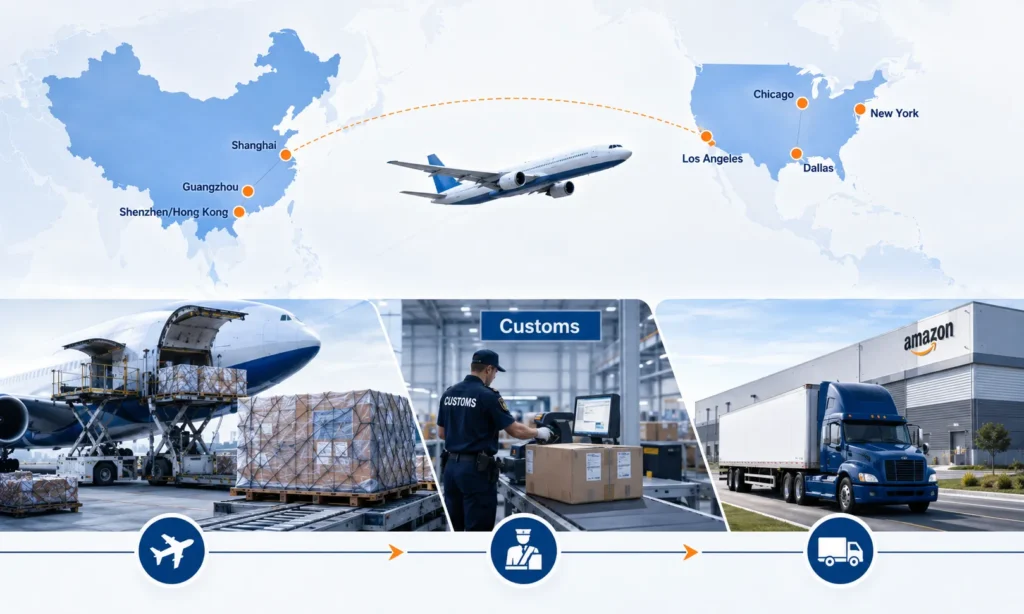 China to USA air freight airports and customs map showing Shenzhen, Hong Kong, Guangzhou, Shanghai, Los Angeles, Chicago, New York, Dallas, customs clearance and FBA delivery