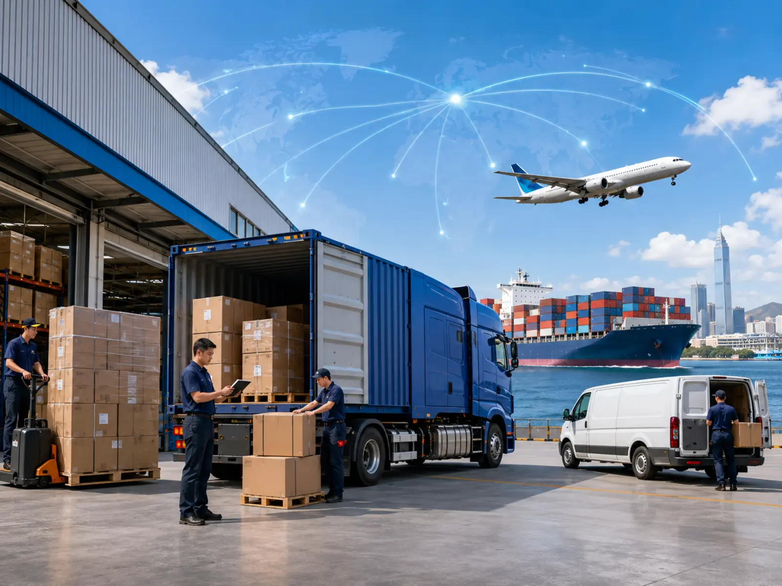 Door-to-door shipping from China with supplier pickup, multimodal freight and final delivery