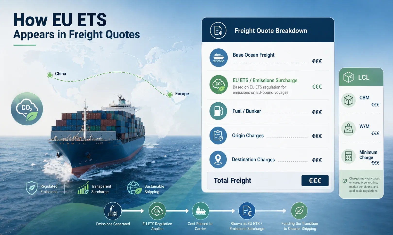 How EU ETS Appears in China-Europe Freight Quotes EU ETS emissions surcharge breakdown in a China-Europe freight quote
