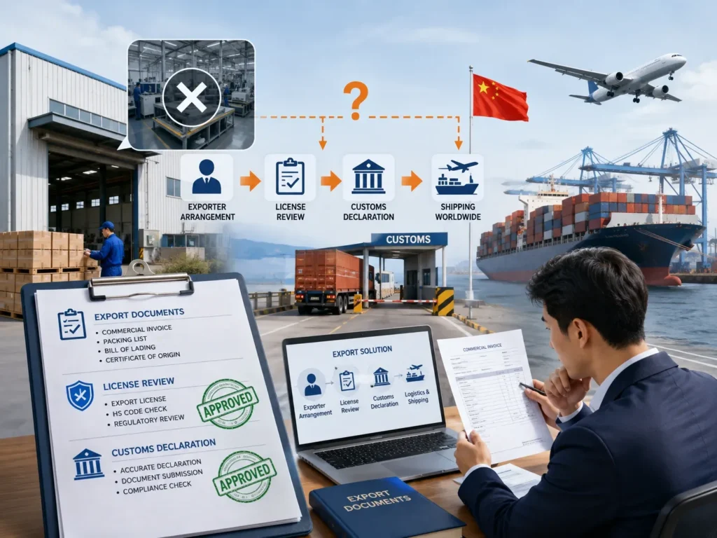 China export license guide showing factory export review, customs declaration, exporter arrangement and international shipping from China