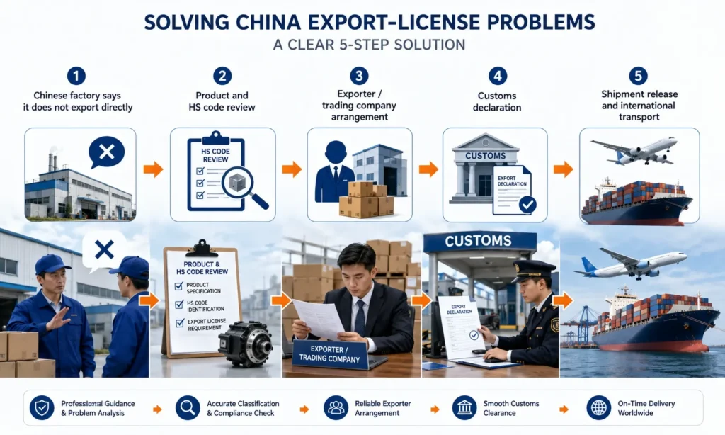 China export license process showing factory review, HS code check, exporter arrangement, customs declaration and international shipment release