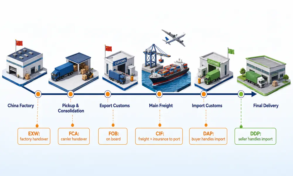 China import Incoterms responsibility flow from factory pickup and export customs to international freight, import clearance and final delivery