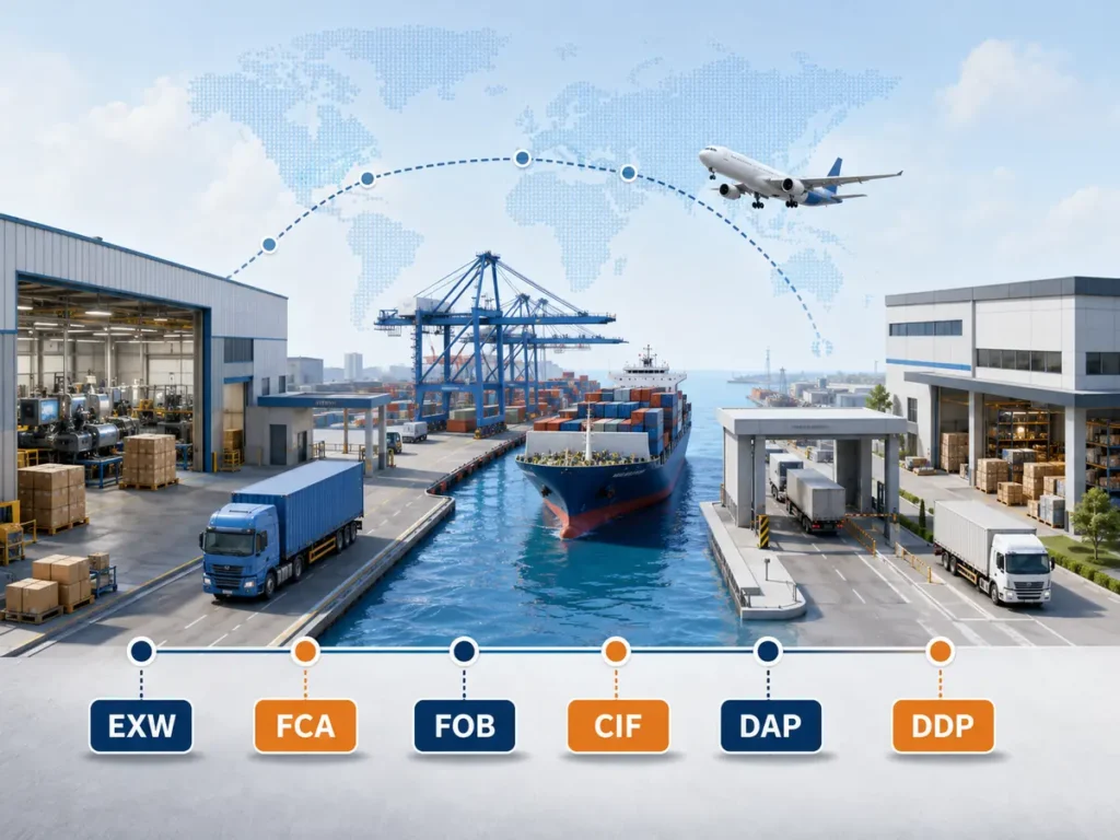 Incoterms for shipping from China showing EXW, FCA, FOB, CIF, DAP and DDP options