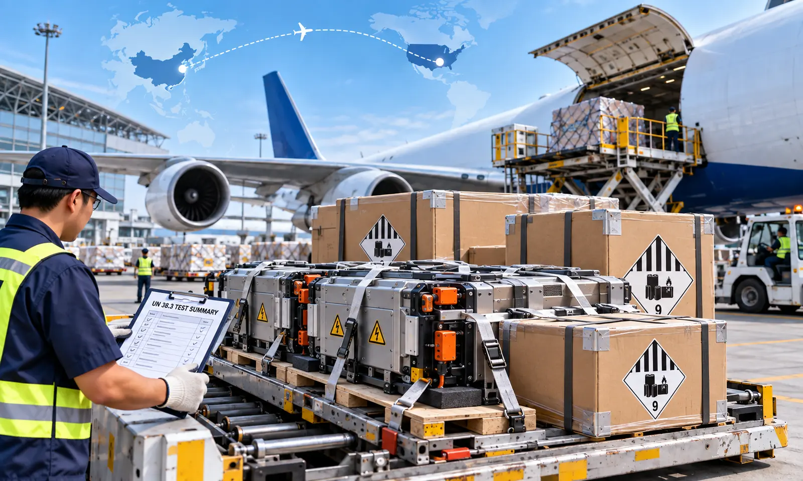 Lithium battery cargo prepared for air freight from China to the USA with Class 9 labels and UN 38.3 test-summary paperwork