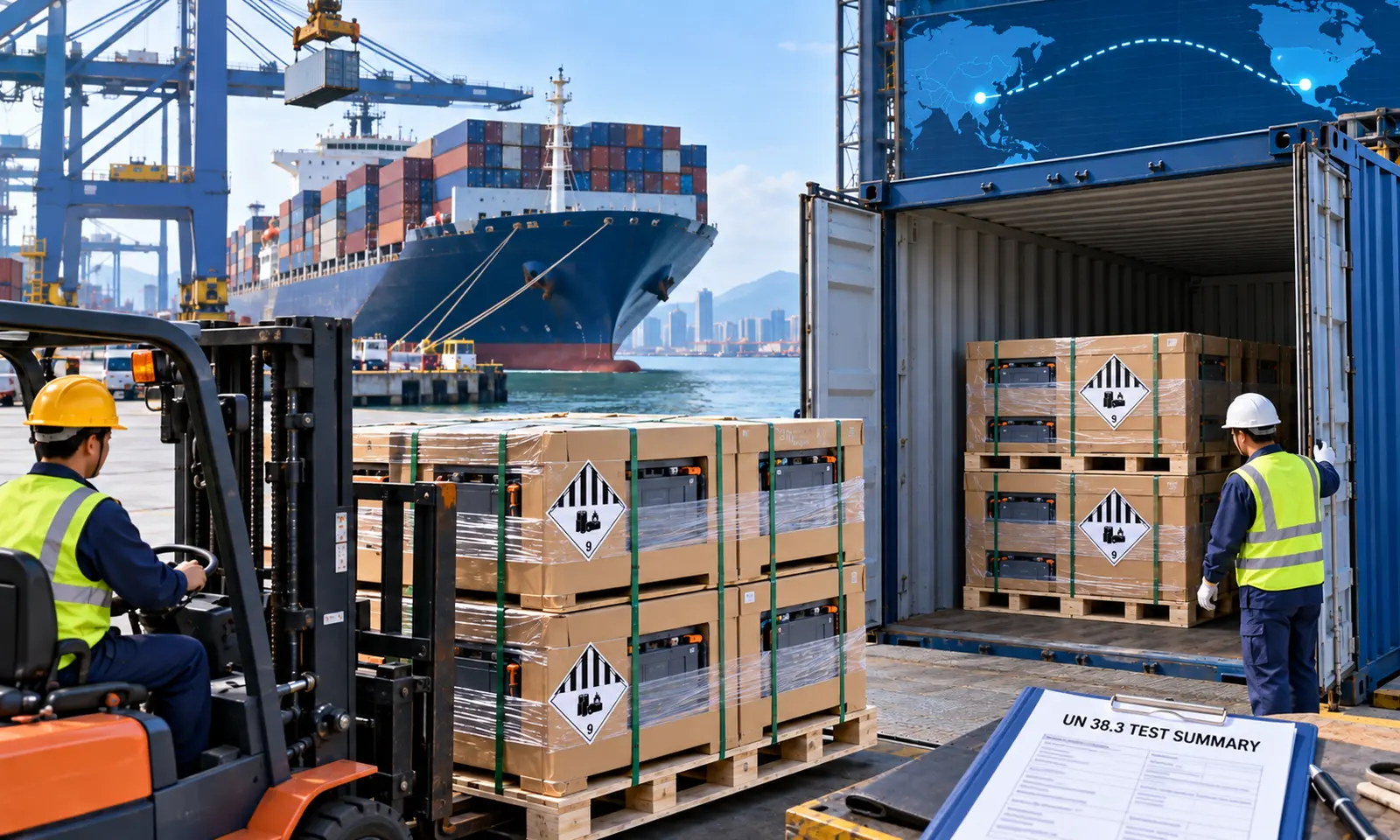 Lithium battery cargo with Class 9 labels being loaded into a shipping container at a China seaport for transport to the USA