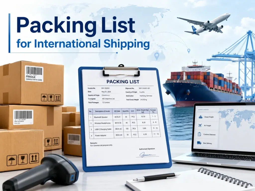 Packing list for international shipping with export cartons, cargo ship, airplane, barcode labels and freight documents for customs clearance.