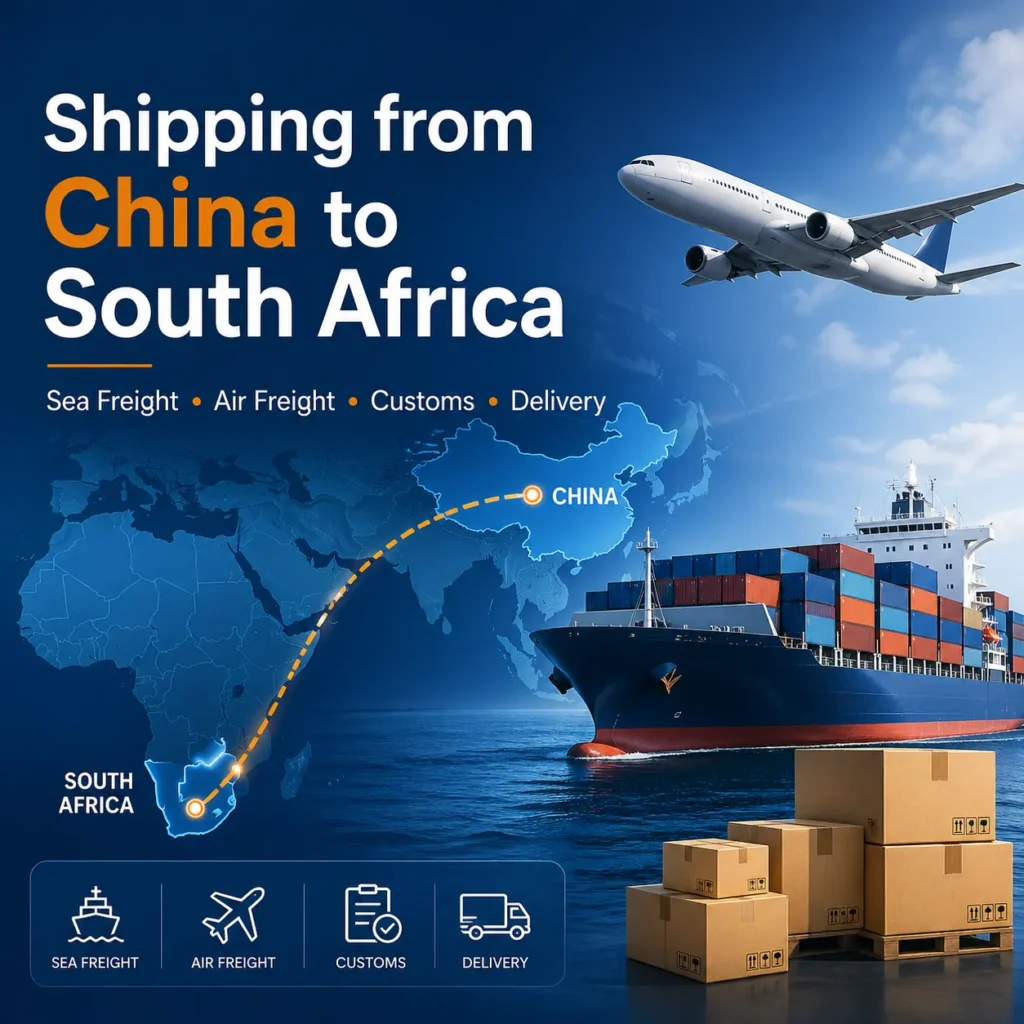 Shipping from China to South Africa by sea freight and air freight with container ship, cargo plane, route map, customs and delivery icons