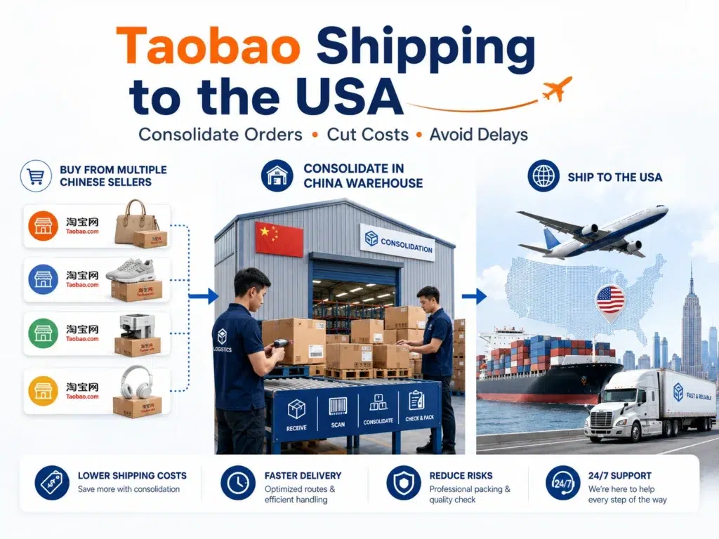 Taobao shipping to USA showing multiple sellers, China warehouse consolidation, air and sea freight, and final delivery in the United States