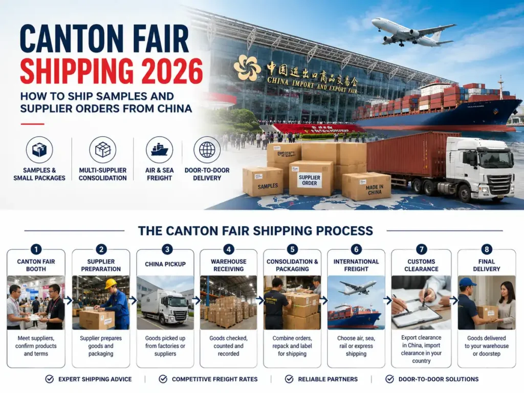 Canton Fair shipping 2026 for samples, supplier orders, consolidation, air and sea freight from China
