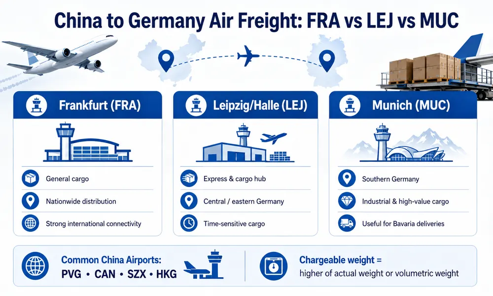 China to Germany Air Freight: FRA vs LEJ vs MUC China to Germany air freight airport comparison for Frankfurt FRA, Leipzig Halle LEJ and Munich MUC