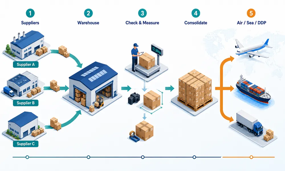 China multiple supplier consolidation process showing warehouse receiving, carton checks, measurement, repacking and air, sea or DDP shipping