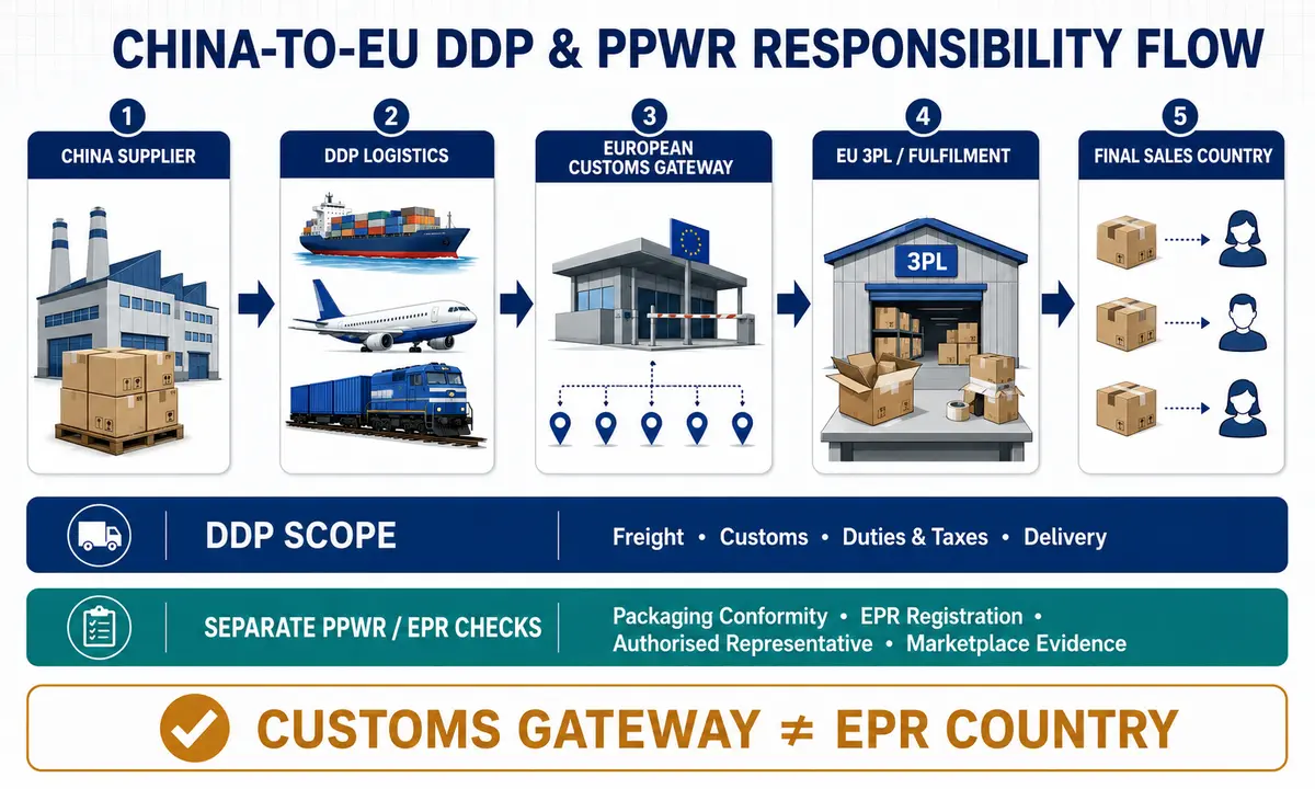 China supplier, DDP logistics, European customs gateway, EU fulfilment and final sales country with PPWR and EPR responsibility checks