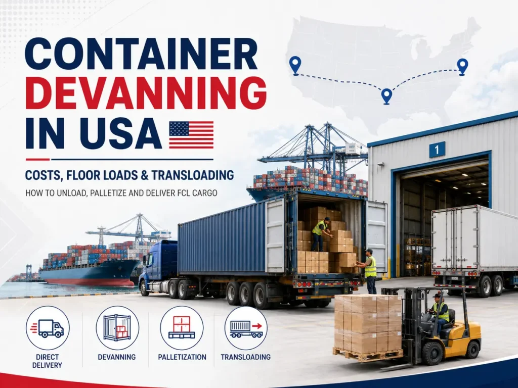 Container devanning in the USA showing floor-loaded container unloading, palletization, transloading and warehouse delivery