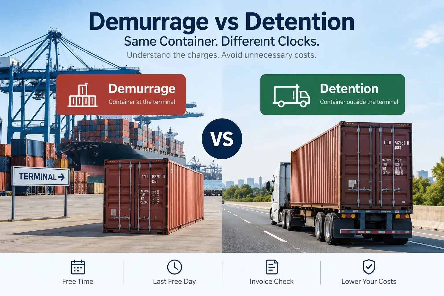 Demurrage vs detention infographic showing container time inside the terminal, outside the terminal, free time and Last Free Day