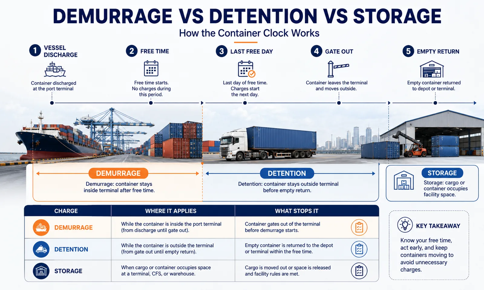 Demurrage vs detention vs storage timeline showing free time, last free day, gate out and empty container return