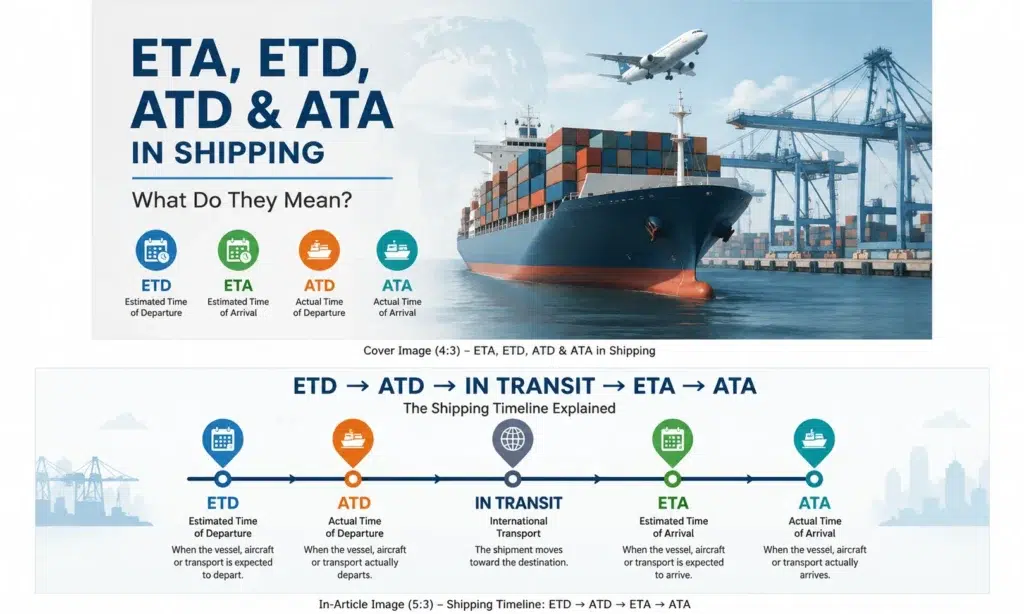 ETA ETD ATD and ATA in shipping showing estimated and actual departure and arrival times for international freight