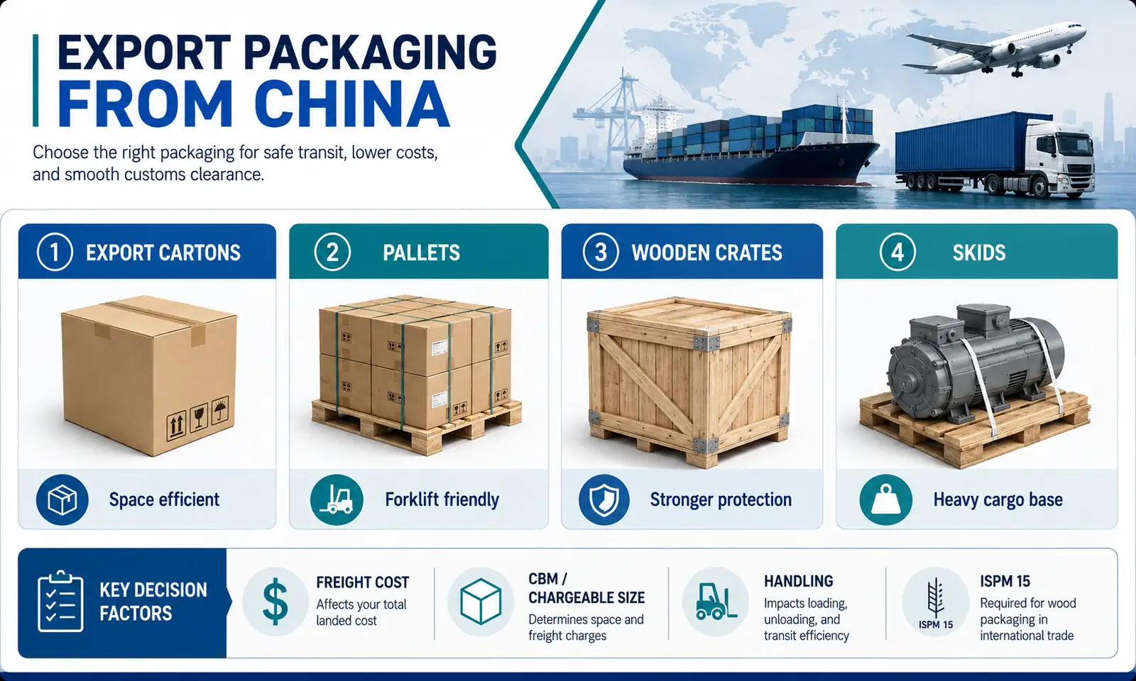 Export packaging comparison of cartons, pallets, wooden crates and skids with freight cost, CBM, handling and ISPM 15 factors