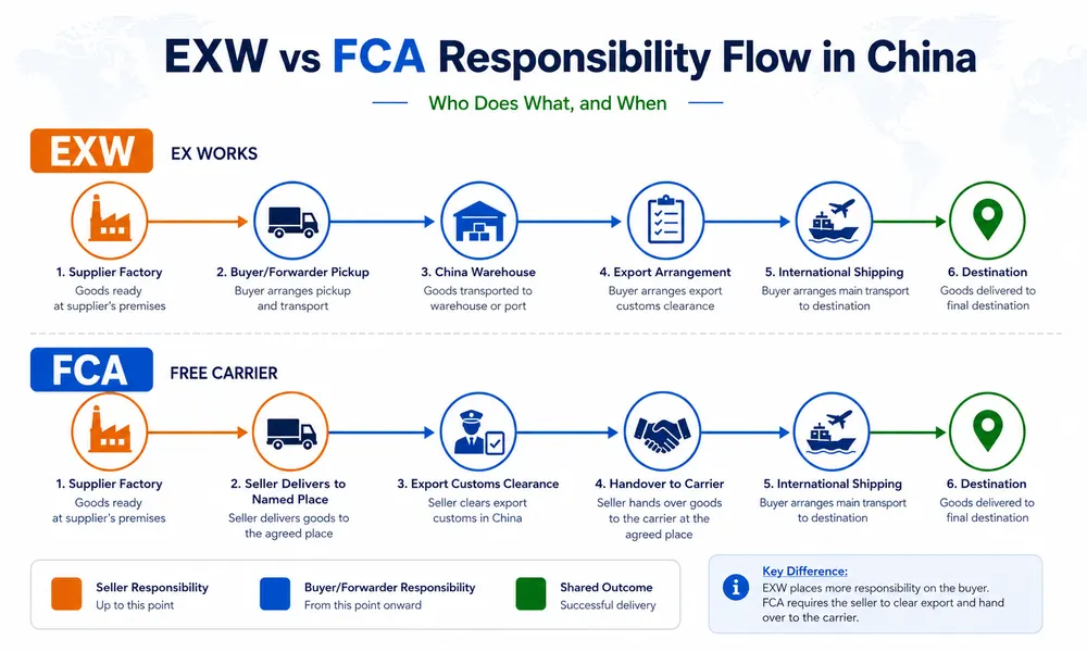 EXW vs FCA responsibility flow in China showing supplier factory, pickup, export customs, carrier handover and international shipping