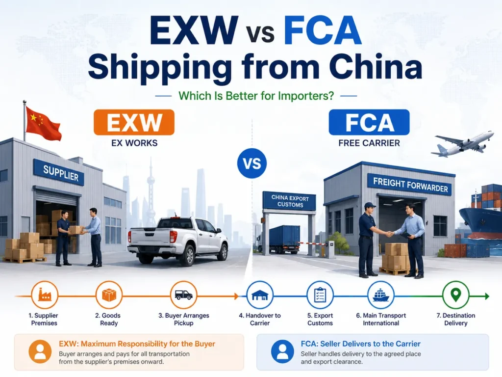 EXW vs FCA shipping from China comparison showing supplier pickup, export customs and freight forwarder handover