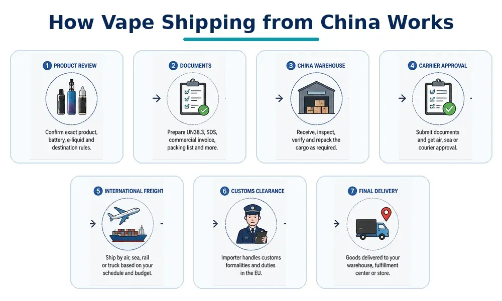 Step-by-step vape shipping process from China covering product review, documents, warehouse inspection, carrier approval, international freight, customs clearance and final delivery.