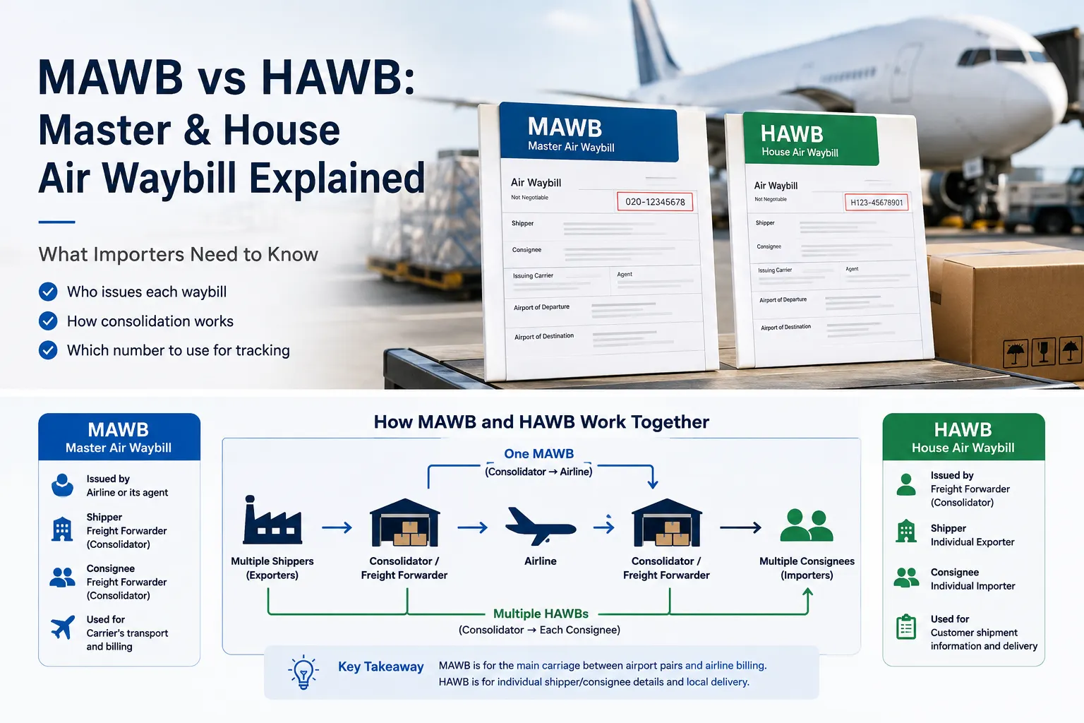 MAWB vs HAWB comparison showing Master Air Waybill and House Air Waybill in air freight