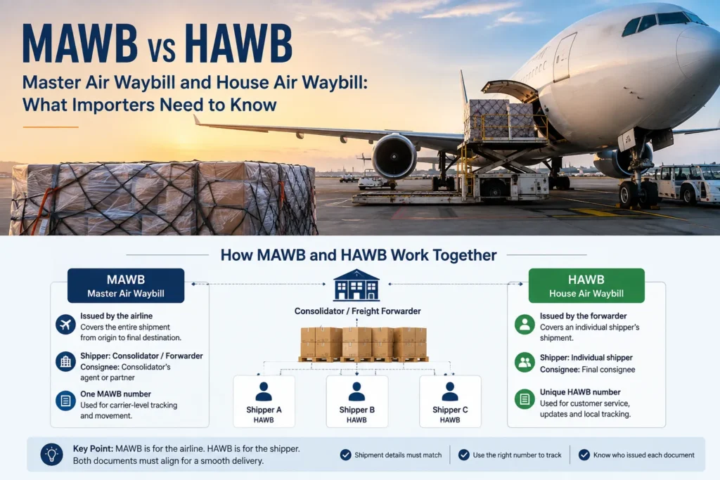 MAWB and HAWB consolidation process showing multiple shippers, freight forwarder, airline and individual house air waybills
