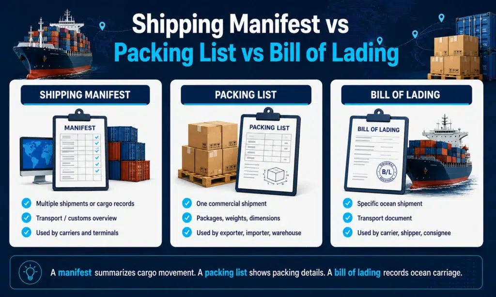 Shipping manifest vs packing list vs bill of lading comparison for international freight documents