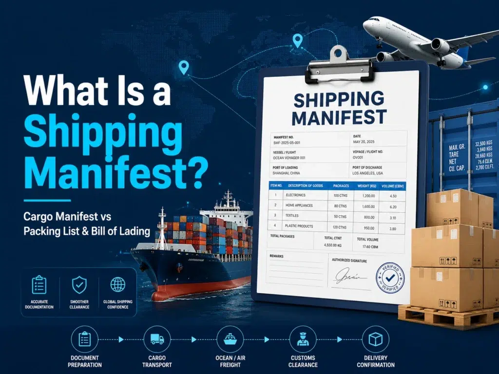 Shipping manifest for international freight with cargo ship, airplane, containers and shipping documents