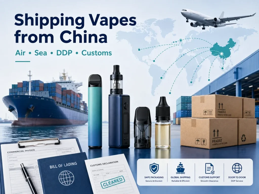 Shipping vapes from China internationally by air, sea and DDP with vape devices, e-liquid, cargo ship, airplane, customs documents and warehouse delivery.