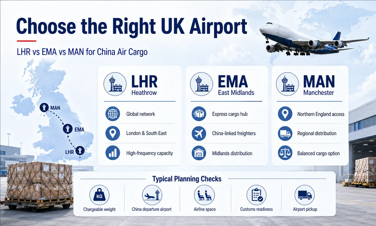 China to UK air freight airport comparison for Heathrow LHR, East Midlands EMA and Manchester MAN