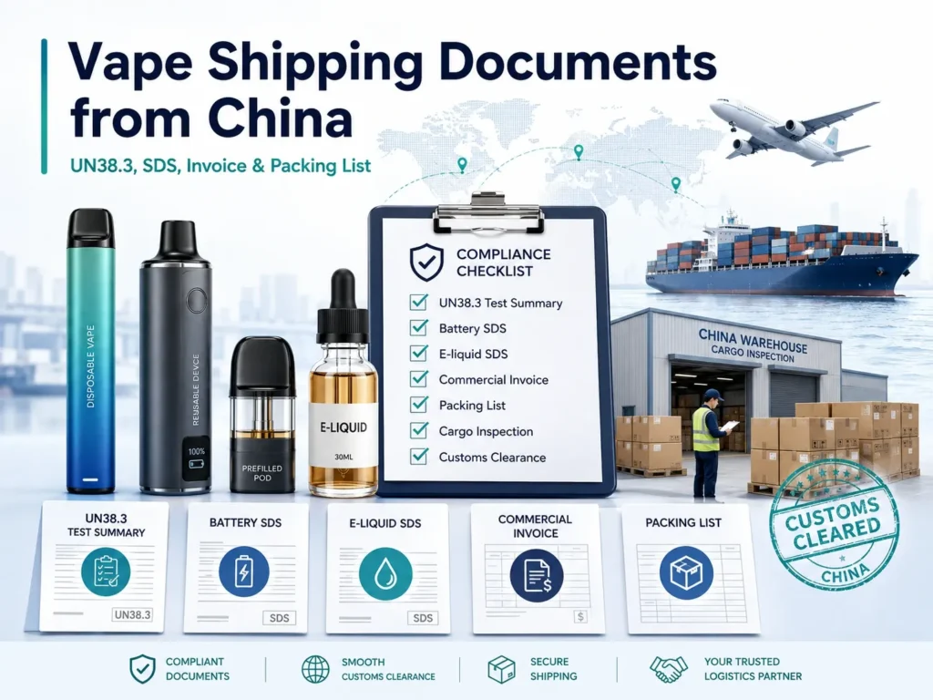 Vape shipping documents from China including UN38.3 test summary, battery SDS, e-liquid SDS, commercial invoice, packing list, warehouse inspection and customs clearance.