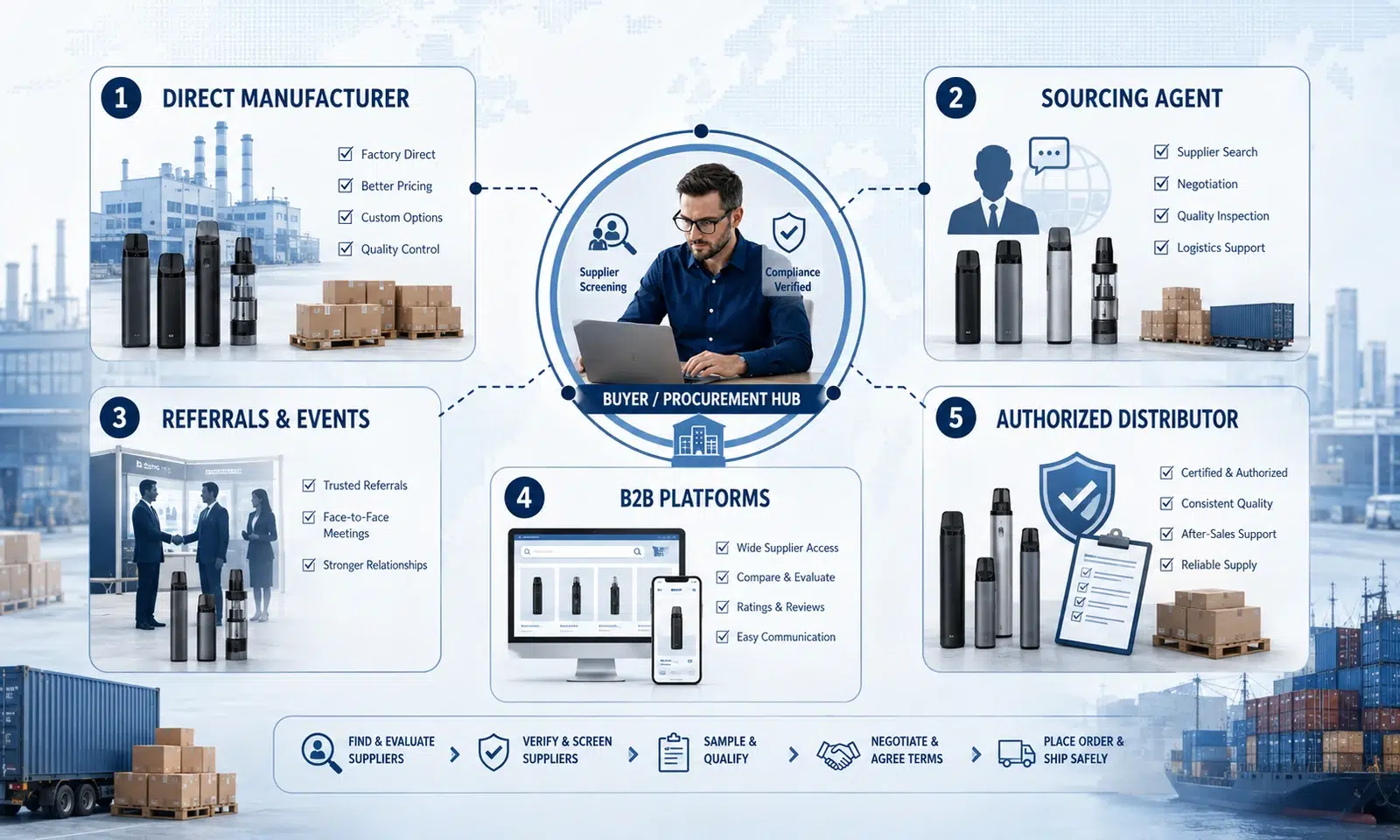 Comparison of direct manufacturers, sourcing agents, B2B platforms, referrals and authorized distributors for sourcing vapes from China