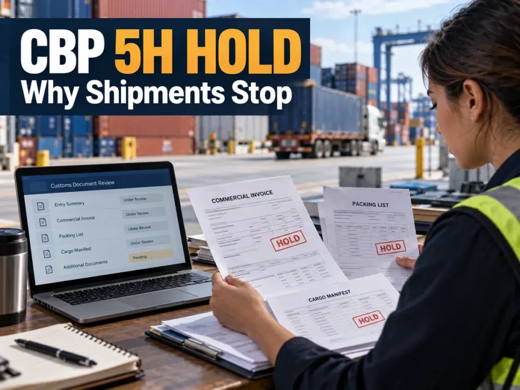 Freight coordinator reviewing a CBP 5H hold and customs documents at a U.S. cargo terminal