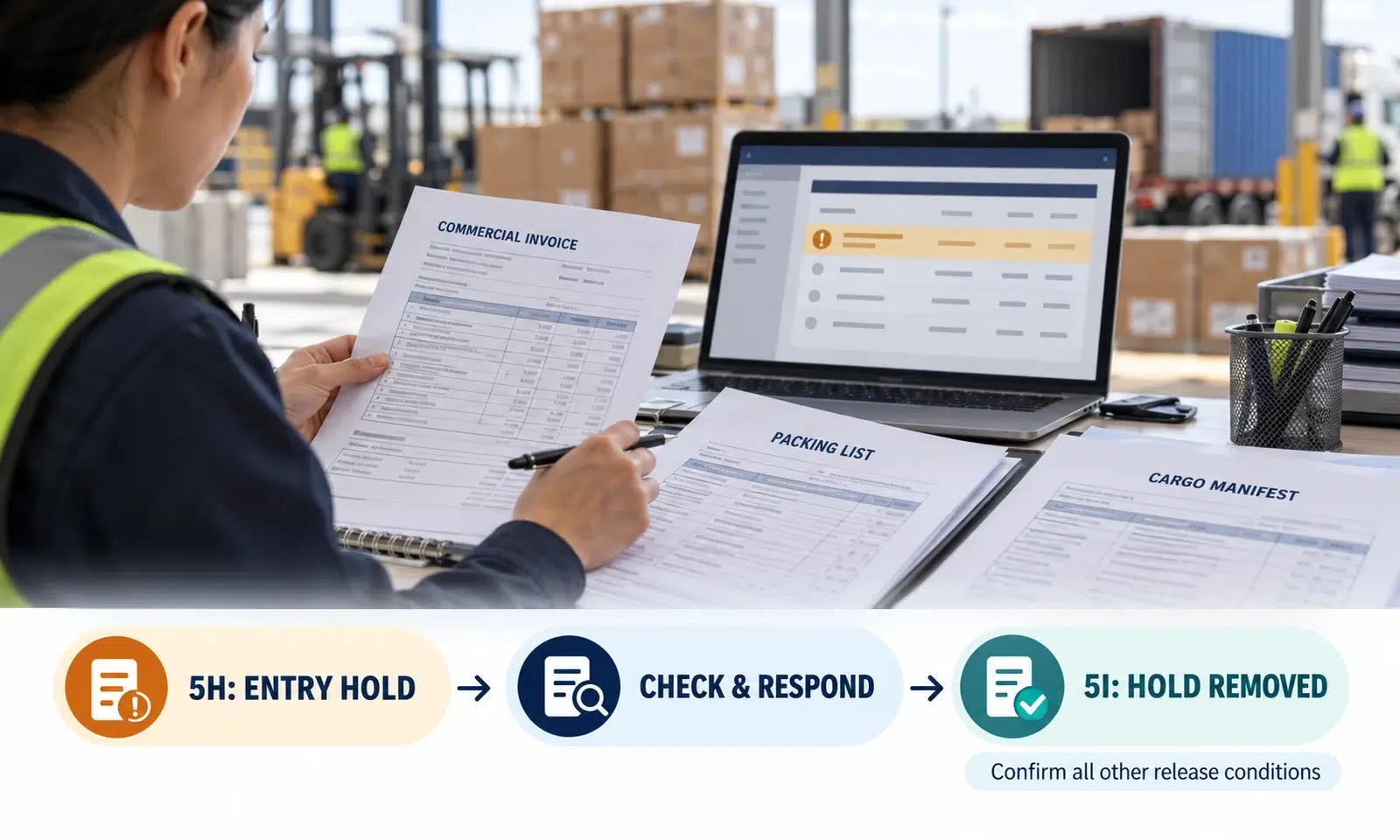 Importer checks the invoice, packing list and cargo manifest to respond to a CBP 5H hold