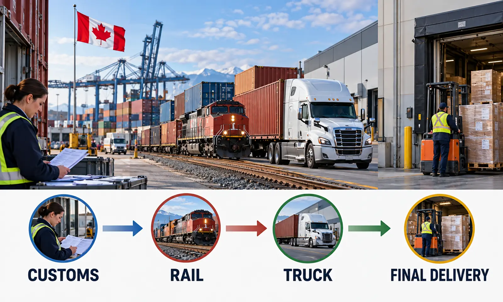 Canadian customs clearance, rail, truck and final delivery for cargo from China