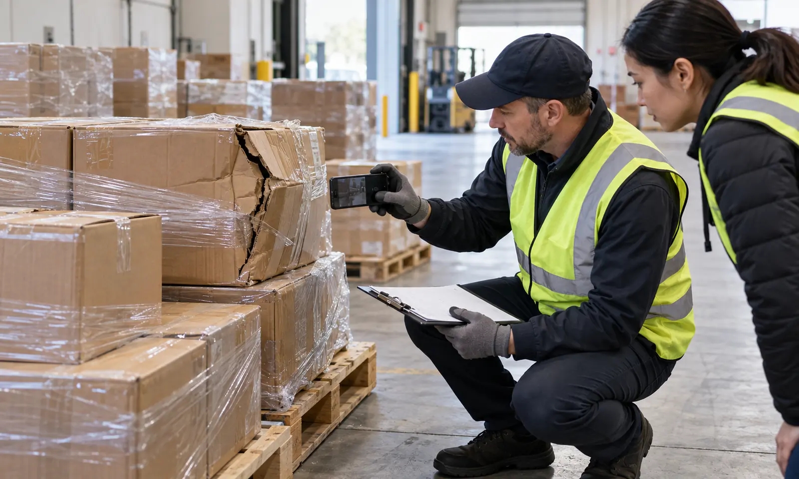 Cargo Damage Inspection and Evidence Cargo surveyor photographing damaged cartons during warehouse inspection
