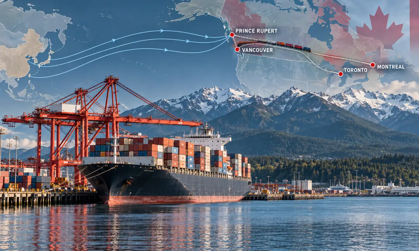 Ocean freight route from China to Canada through Vancouver and Prince Rupert