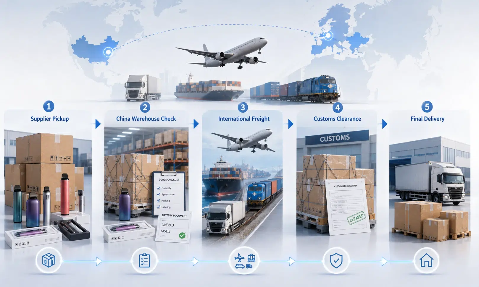 China to Europe vape shipping process including supplier pickup, warehouse check, international freight, customs clearance and final delivery
