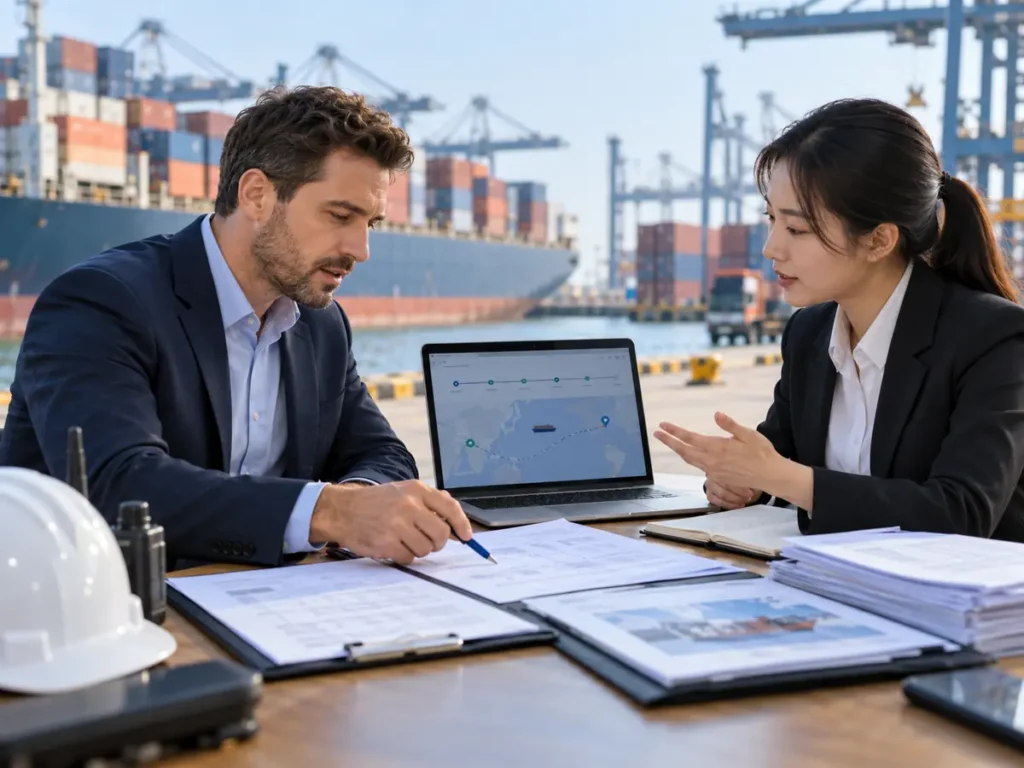 Importer and logistics specialist reviewing shipment documents at a China container port