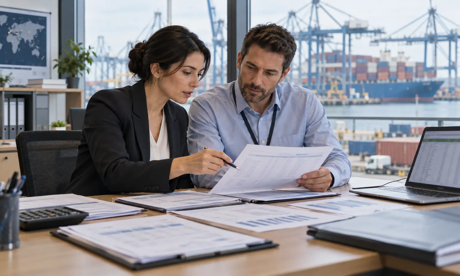 Reviewing Disputed Freight Charges Freight forwarder and importer reviewing disputed shipping charges