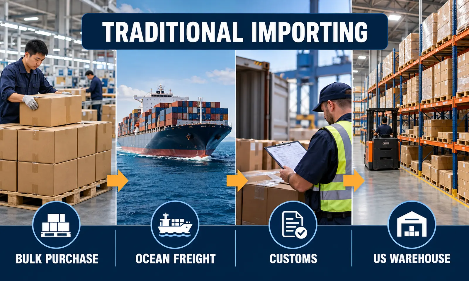 Traditional importing workflow from a bulk purchase in China to a destination warehouse