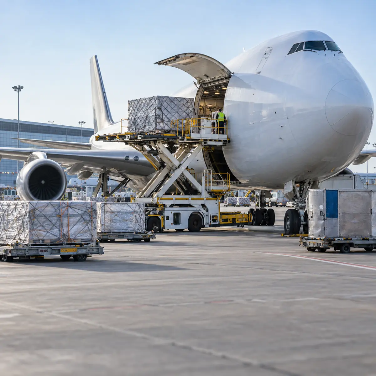 Cargo aircraft loading air freight pallets at an international airport in China