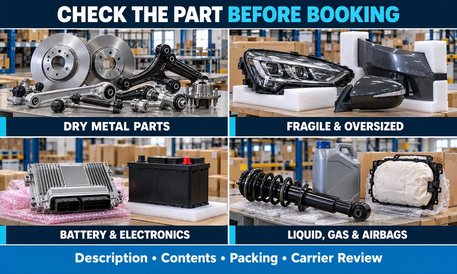 Auto Parts to Check Before Freight Booking Auto parts shipping review for metal parts, fragile parts, electronics, batteries, liquids and airbags