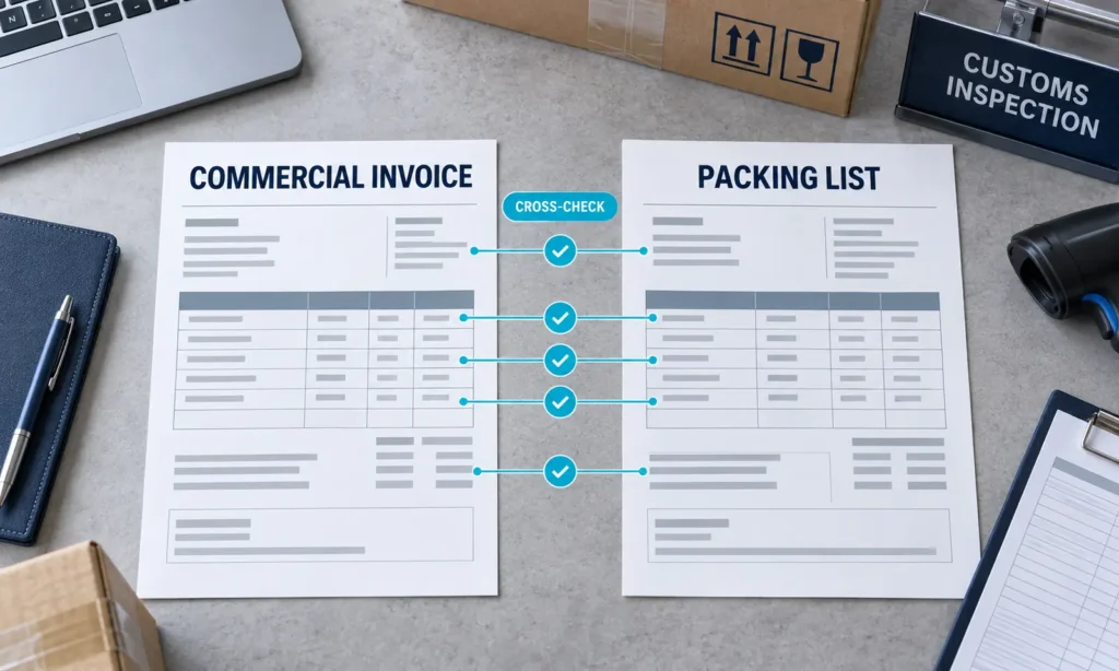 Commercial invoice and packing list fields being cross-checked before international shipping and customs clearance.
