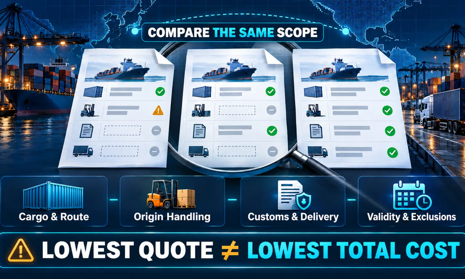Infographic comparing China-to-USA freight forwarder quotes before negotiating lower shipping rates