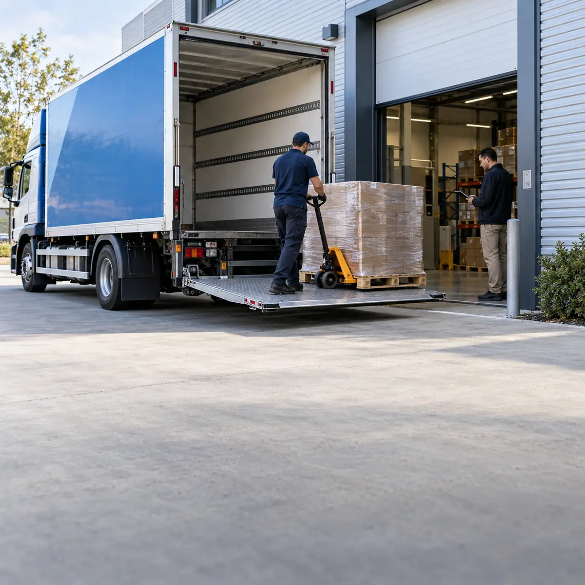 Palletized commercial cargo delivered by truck directly to a customer warehouse