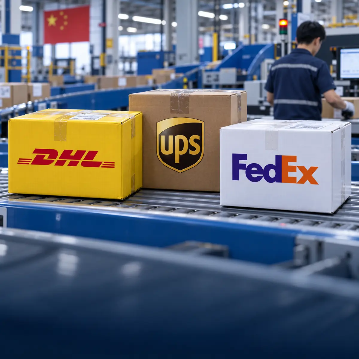 DHL, UPS and FedEx parcels moving through an express shipping hub in China