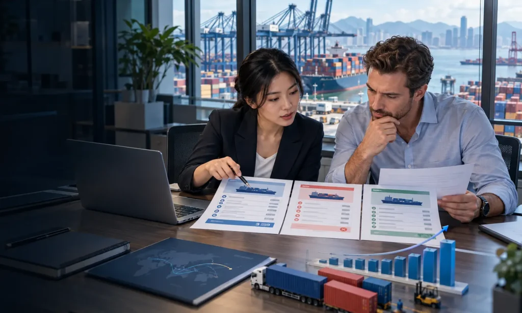 Freight coordinator and importer comparing China-to-USA shipping quotes at a container port